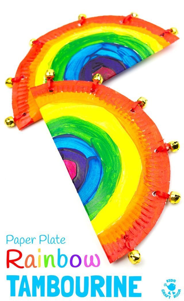 the paper plate rainbow tambourine is ready to be made into an art project