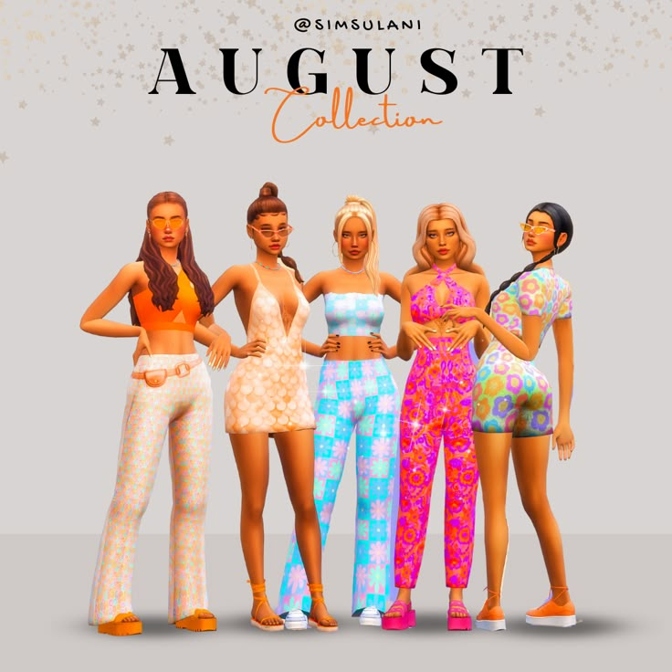 four women in colorful outfits standing next to each other with the caption august collection