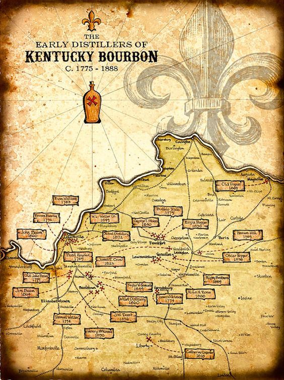 an old map with the names and numbers of kentucky bourbon