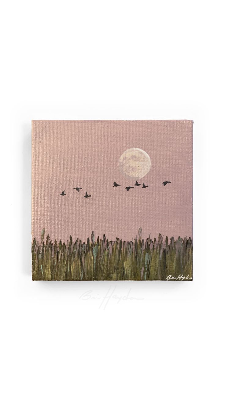 Mini acrylic painting by Brie Hayden showing geese flying over a field with a full moon in a pink sky Painting Ideas Simple Acrylic, Moon In Sky Painting, Pink Simple Painting, Small Art Work, Small Cute Painting Ideas, Small Painting Inspiration, Simple Small Acrylic Paintings, Simple And Cute Paintings, Full Canvas Painting