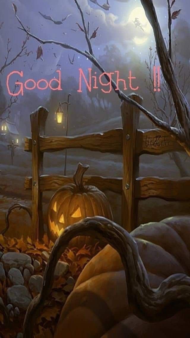 a halloween scene with pumpkins in the foreground and a gate that says good night