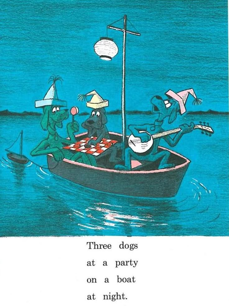 three dogs are in a boat on the water, one is playing guitar and another is singing