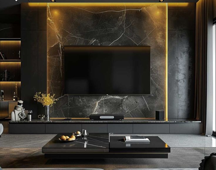 an elegant living room with black and gold accents, marble walls and flooring is featured in this image