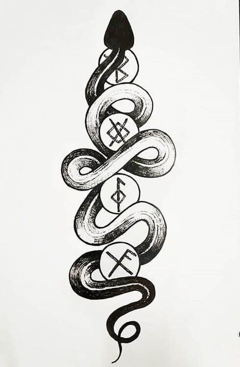 a black and white drawing of a snake with an arrow on it's back