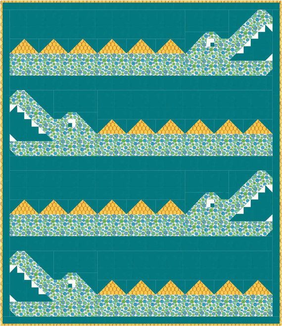 an alligator quilt pattern with yellow and blue accents on the front, in three rows