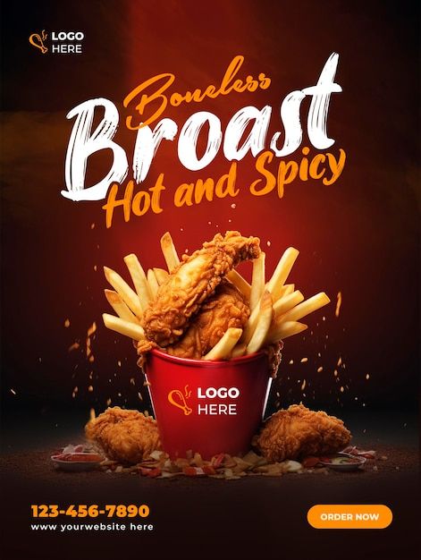 an advertisement for a restaurant with chicken and fries in a bucket on the side,