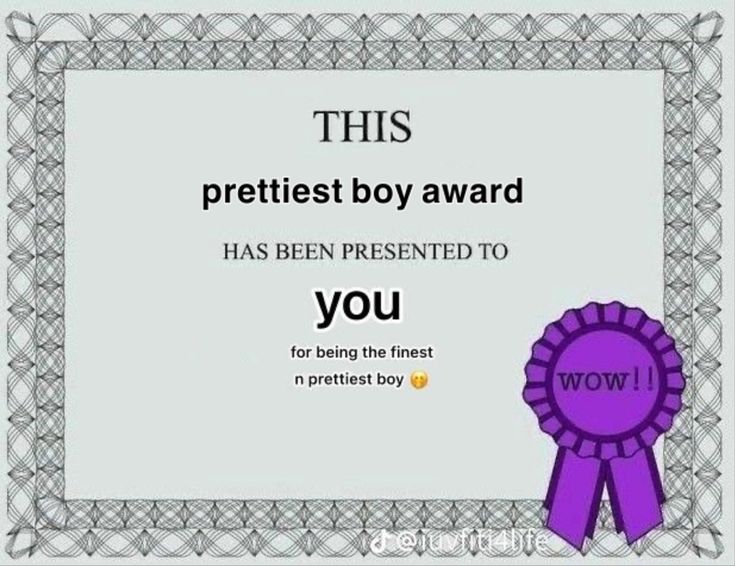 a certificate with a purple ribbon around it that says, this prettiest boy award has been presented to you