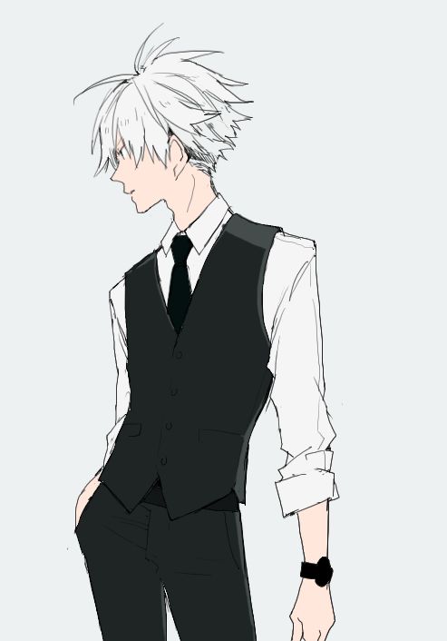 an anime character with white hair wearing a black vest and tie, standing in front of a