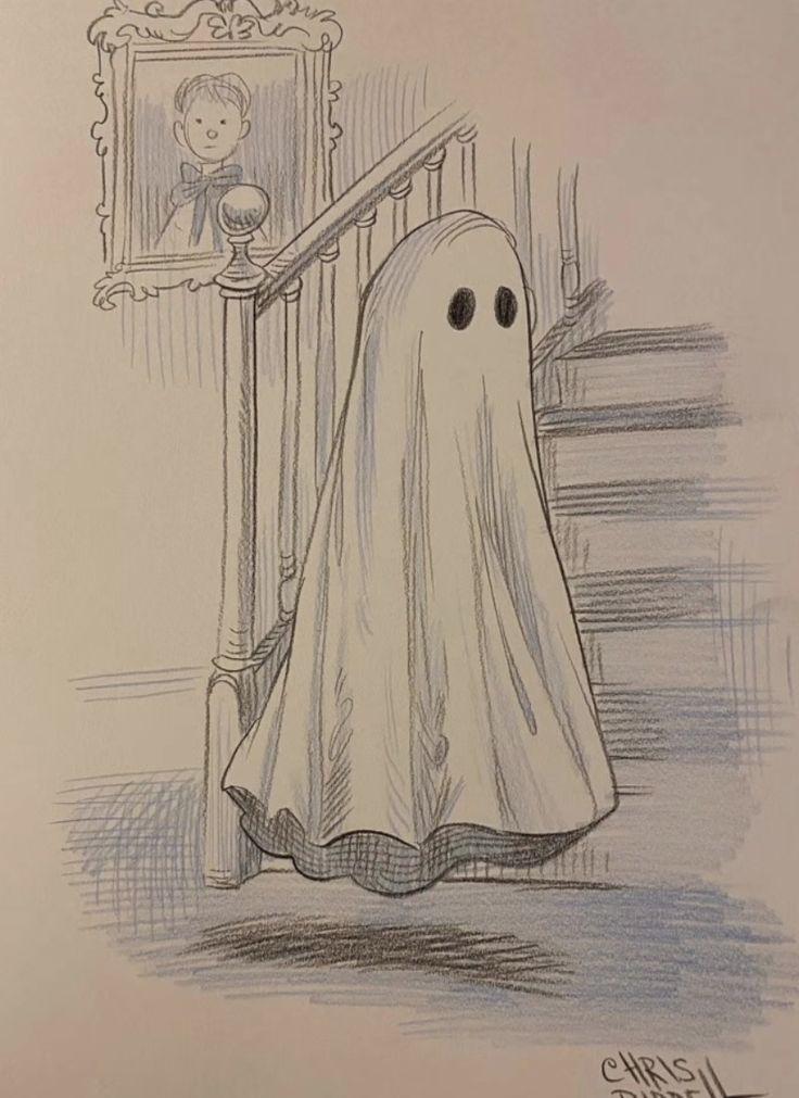 a drawing of a ghost coming down the stairs