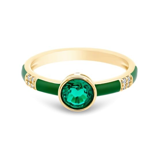 14K Yellow Gold Enamel Ring with  Birthstone and Diamond Fine Jewelry Black Enamel Round Ring, Elegant Green Enamel Ring With Polished Finish, Fine Jewelry Black Enamel Ring, Luxury Green Enamel Jewelry, Classic Green Enamel Jewelry, Fine Jewelry Enamel Ring With Gemstone, Fine Jewelry Enamel Ring, Green Enamel Jewelry With Gemstones, Fine Jewelry Enamel Ring With Bezel Setting