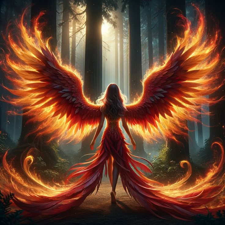 a woman with fire wings standing in the middle of a forest filled with tall trees