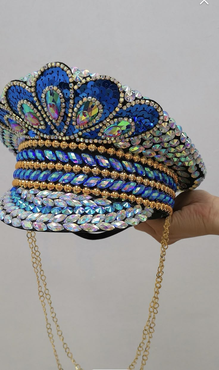 Luxury Blue Hat For Festivals, Carnaval Make-up, Rave Hats, Festival Hats, Theme Carnaval, Bespoke Hats, Sequin Hat, Festival Mode, Samba Costume