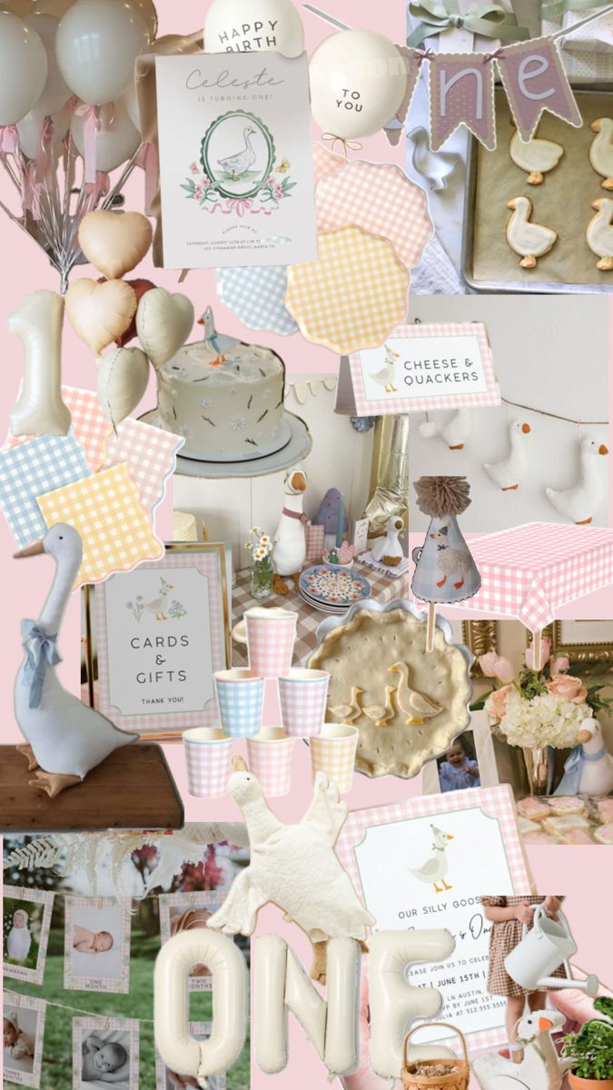 a collage of photos with baby items and balloons in the background, including cake