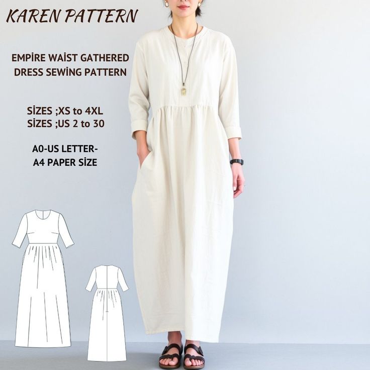 a woman wearing a white dress and sandals standing in front of a gray background with the text, kareen pattern empire waist gathered dress sewing pattern