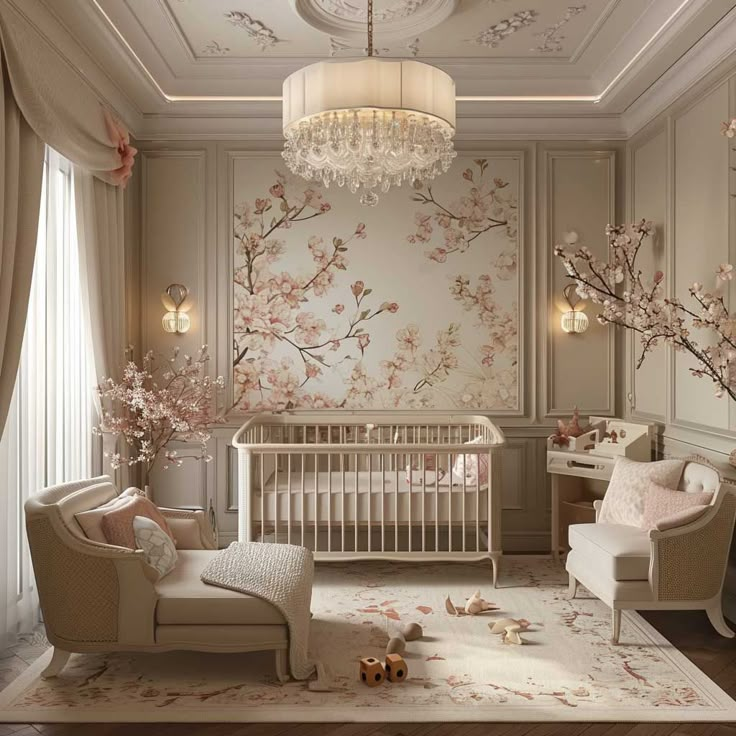 a baby's room with a chandelier, chair and crib in it