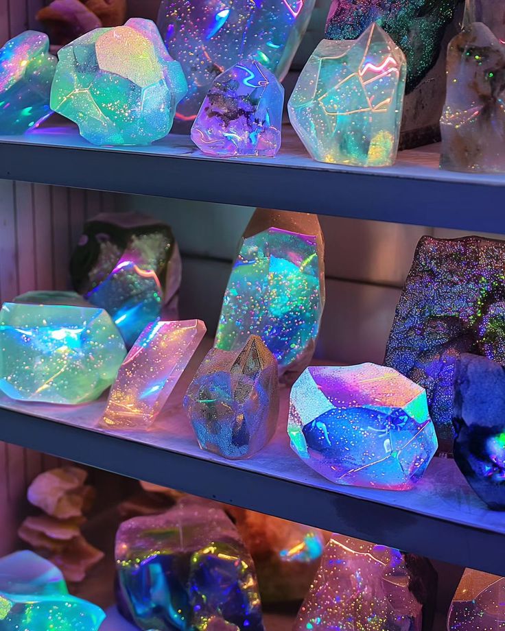 many different colored crystals are on shelves in a room with purple and blue lighting,