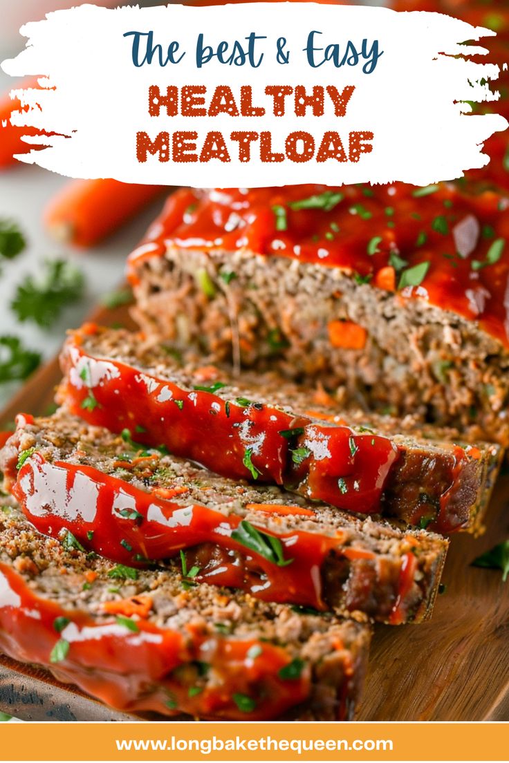 sliced meatloaf on a cutting board with ketchup and parsley in the background