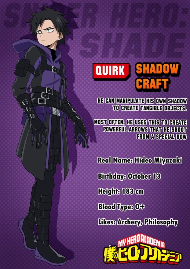 an anime character is standing in front of a purple background with the words quirk shadow craft