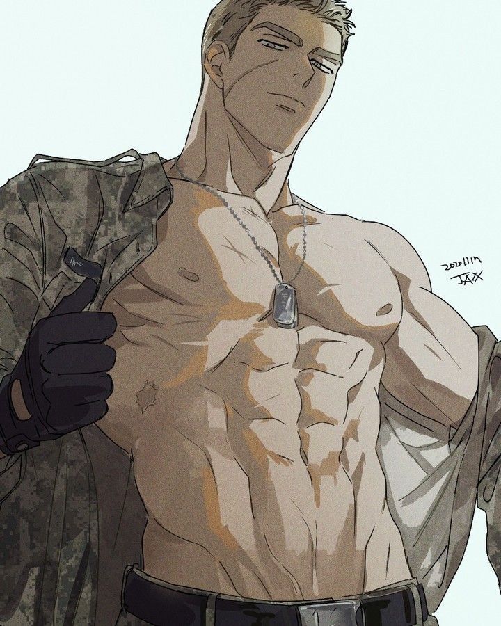 a drawing of a man with no shirt on holding his jacket over his shoulder and looking at the camera