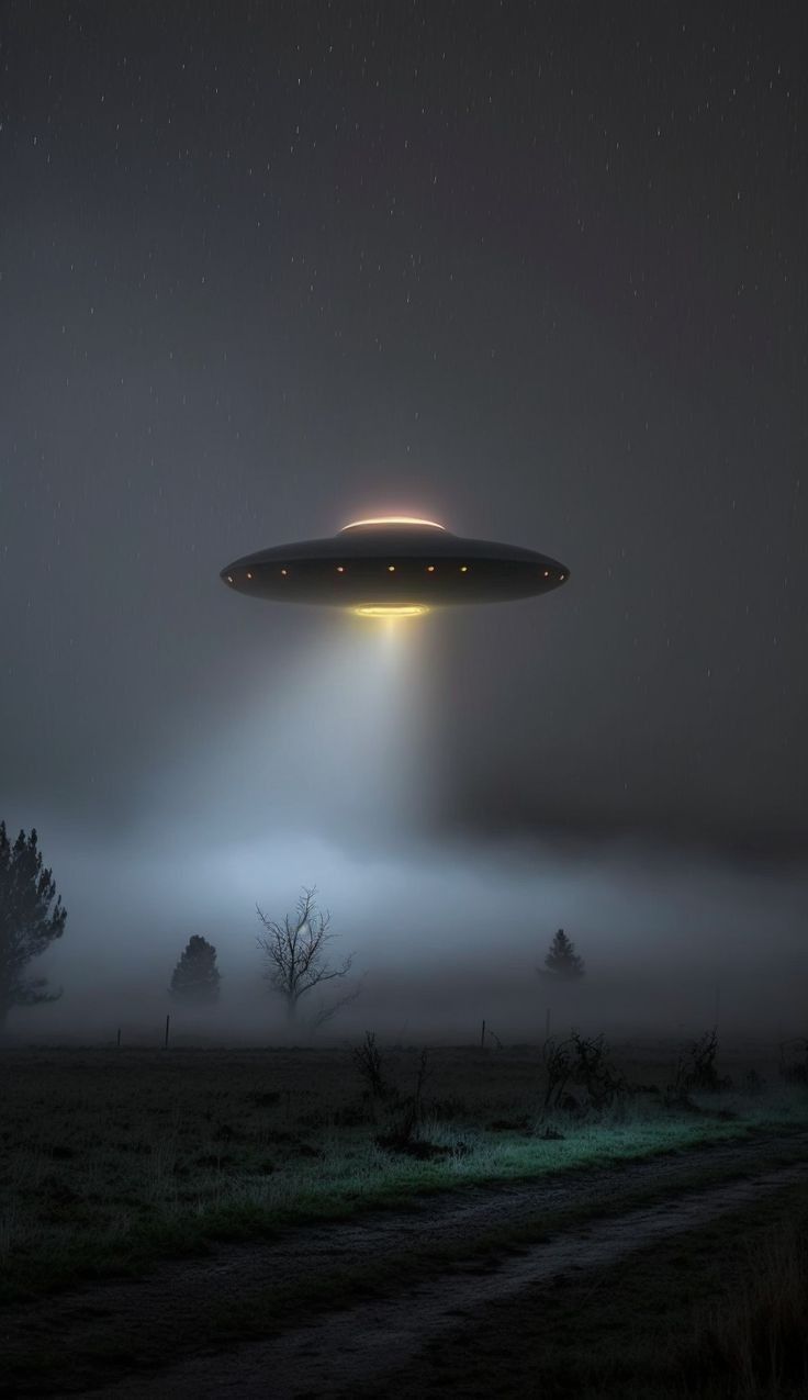 an alien flying through the night sky with fog and stars in the foreground,