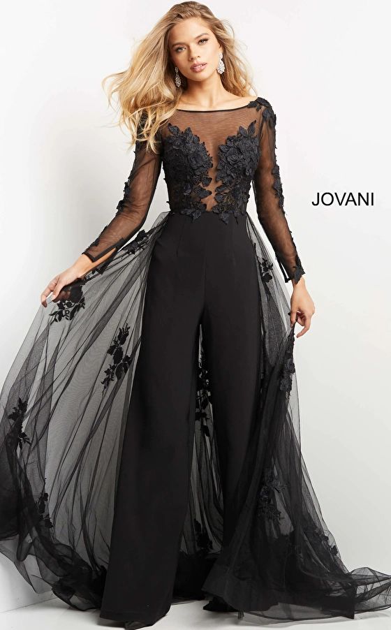 Jovani 06609 | Black Lace Bodice Evening Jumpsuit Applique Jumpsuit, Tulle Overskirt, Sheath Wedding Dress Lace, Beautiful Evening Gowns, Evening Jumpsuit, Wedding Jumpsuit, Trumpet Gown, Unique Prom Dresses, Mermaid Gown