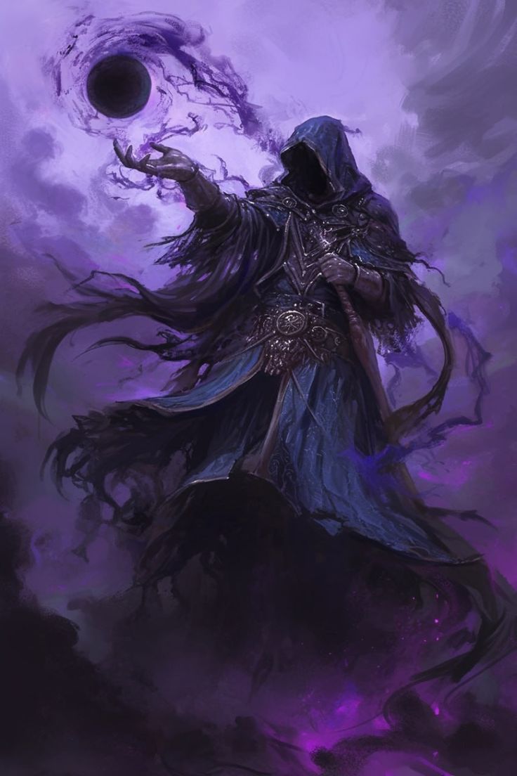 a painting of a person with long hair and a hood on, standing in front of a purple sky