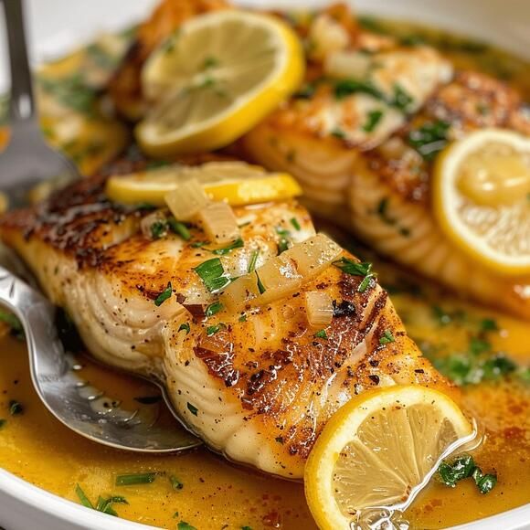 fish with lemons and parsley in a white bowl next to a knife and fork