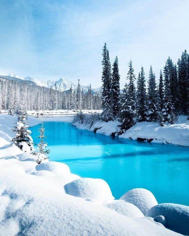 a blue lake surrounded by snow covered trees