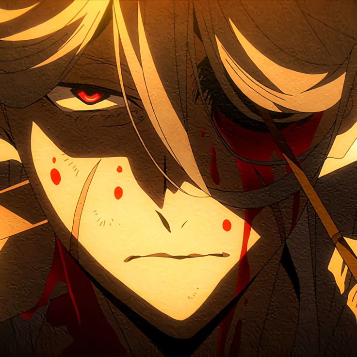 an anime character with red eyes and long blonde hair, holding a knife in his mouth