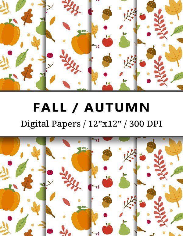 autumn digital papers with leaves, apples and acorns