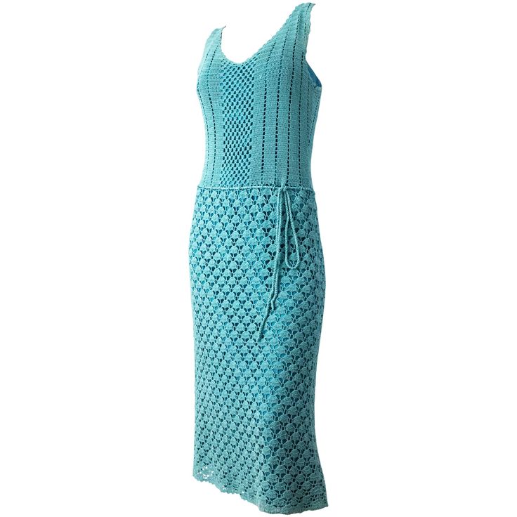 70s Aqua Blue Crochet Sleeveless Dress with Slip. Original matching waist tie. 1960s Cocktail Dress, Diy For Beginners, Aqua Blue Dress, Blue Slip Dress, Angel Sleeves Dress, Cap Sleeve Gown, Baby Frock Pattern, Frock Patterns, Silk Cocktail Dress