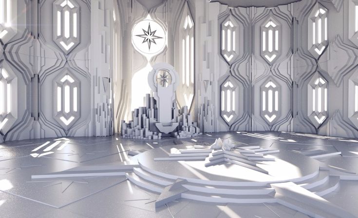 a futuristic room with white walls and geometric shapes on the floor, as well as large windows