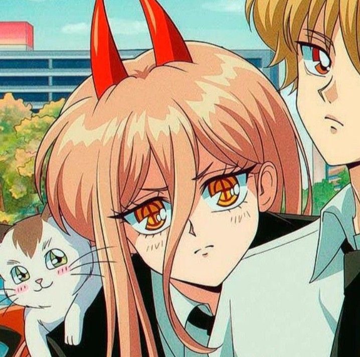 two anime characters with horns on their heads, one is holding a cat and the other has