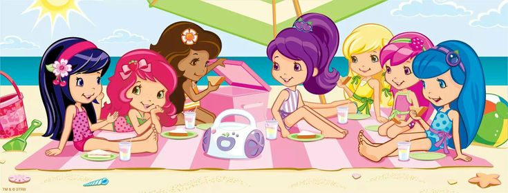 the girls are having a picnic together on the beach in front of the umbrellas