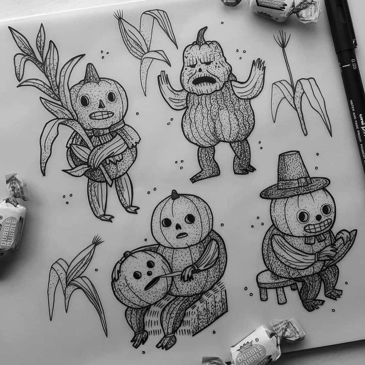 some very cute cartoon characters on a sheet of paper with markers and pens next to them