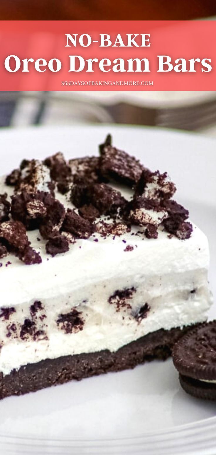 no - bake oreo dream bars on a white plate with chocolate cookie cookies