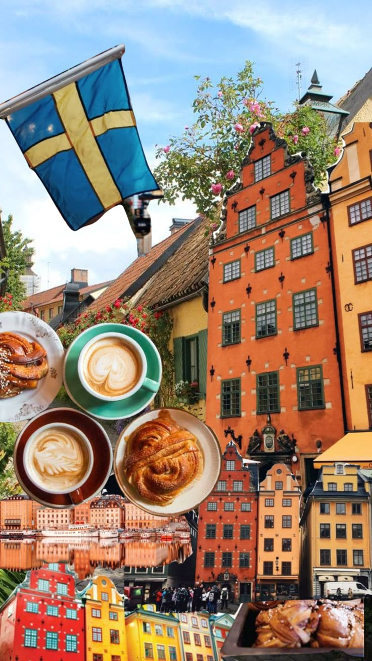 a collage of pictures with different foods and buildings in the background, including coffee