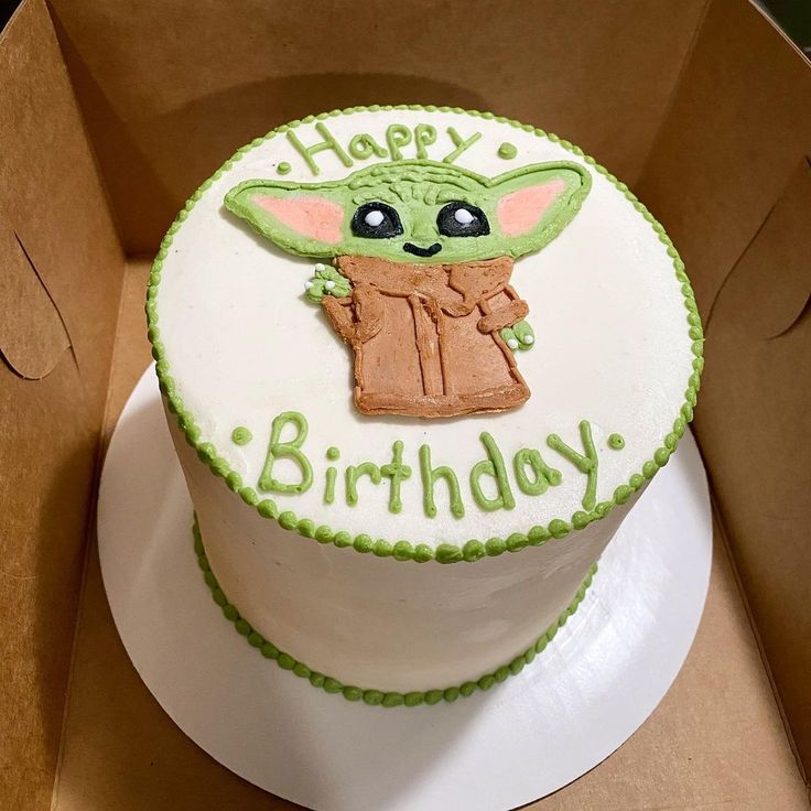 a birthday cake with an image of the child yoda from star wars on it