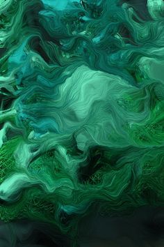 an abstract painting with green and blue colors in the form of wavy lines on a black background