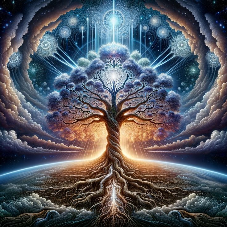 the tree of life is surrounded by clouds and stars