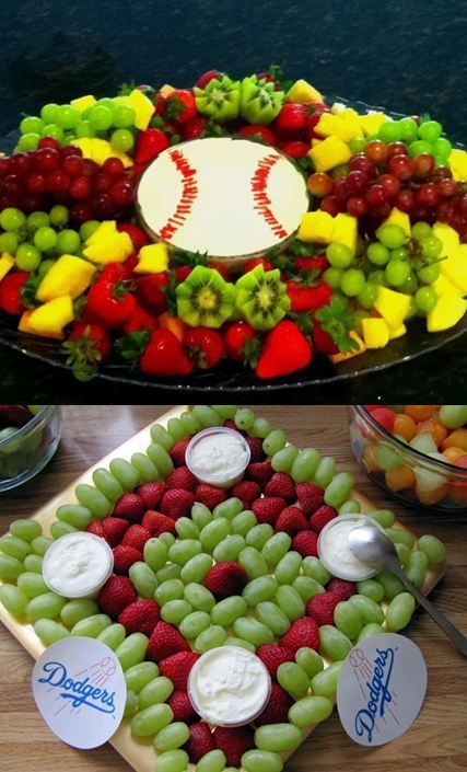 a baseball themed platter with grapes and fruit