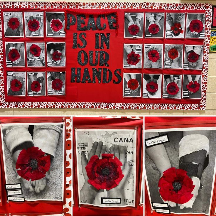 the remembrance display is decorated with red and black flowers, which read peace is in our hands