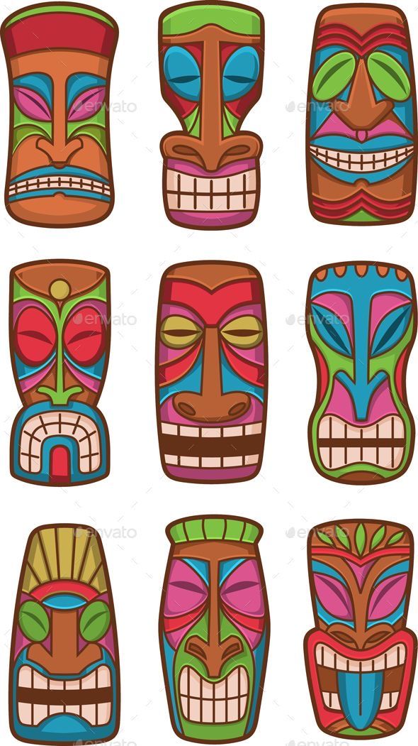 tiki masks with different designs and colors on the face, set of twelve pieces