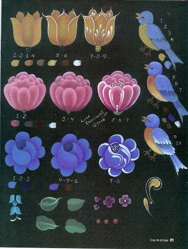 an image of flowers and birds on a black background