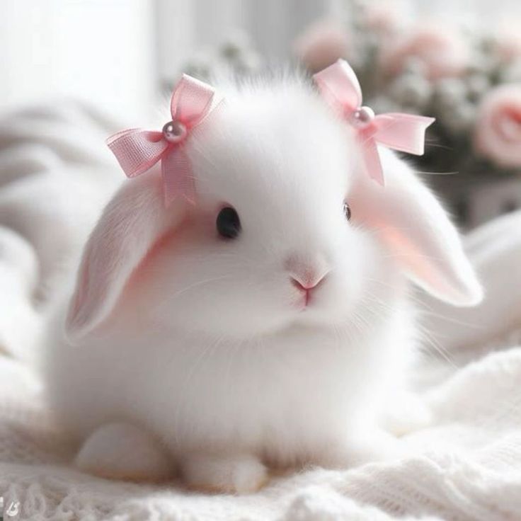 a small white rabbit with pink bows on its head