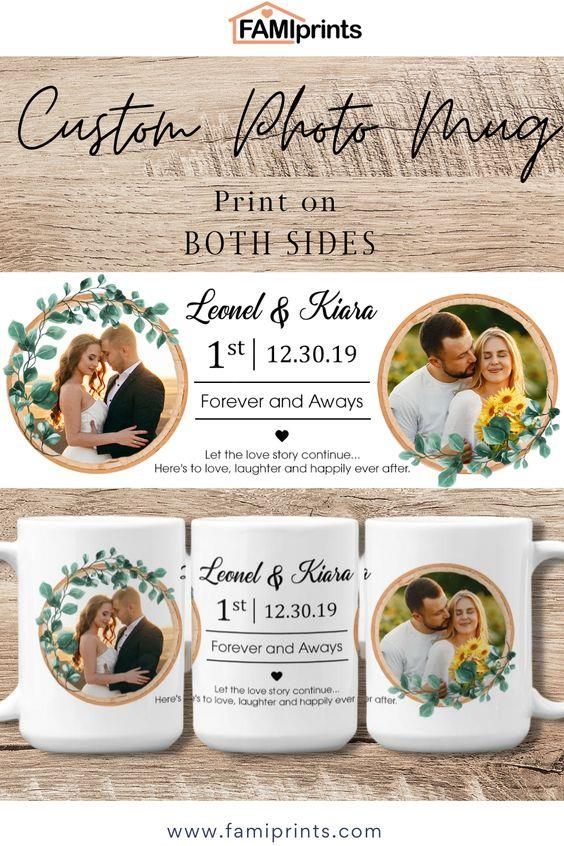 two coffee mugs with the words custom wedding photos on them and an image of a couple