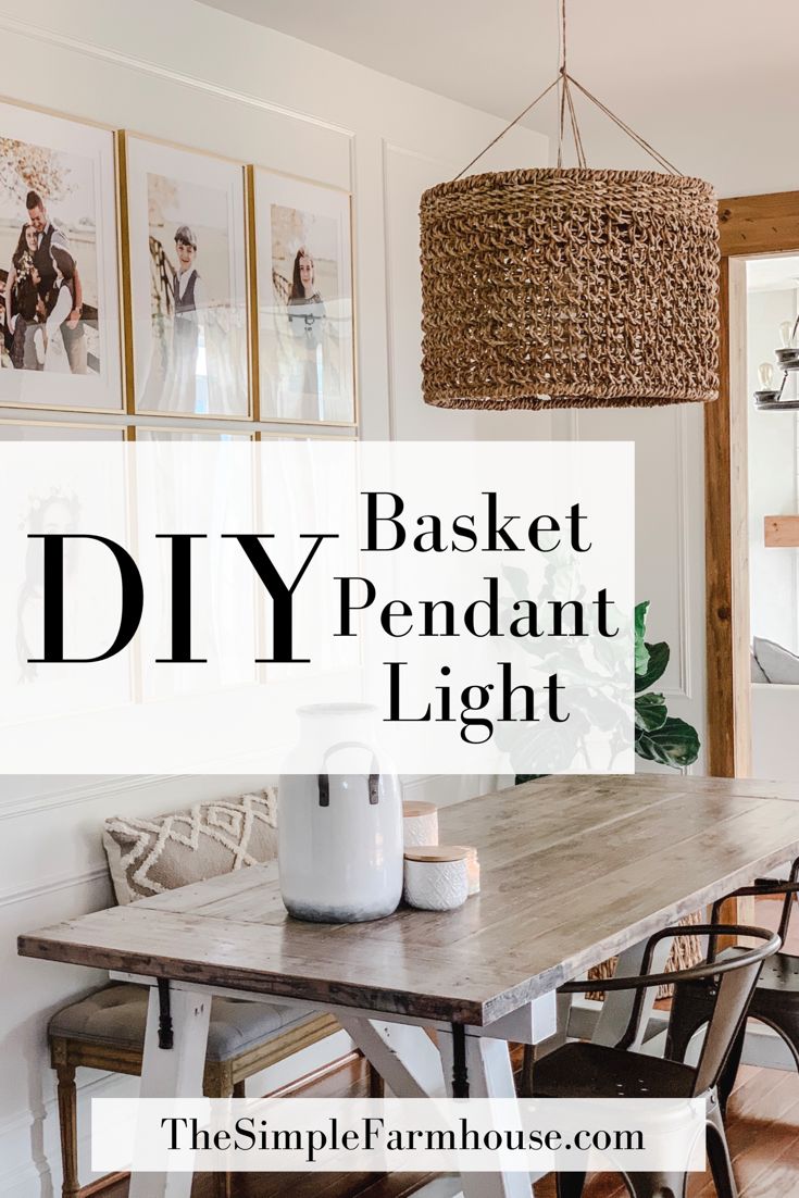 a dining room table and chairs with the text diy basket pendant light