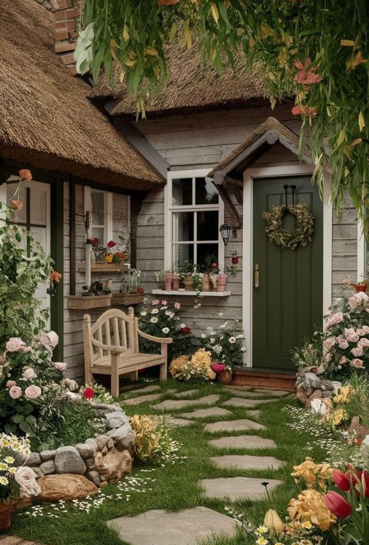 a small house with flowers and plants in the front yard, next to a stone path