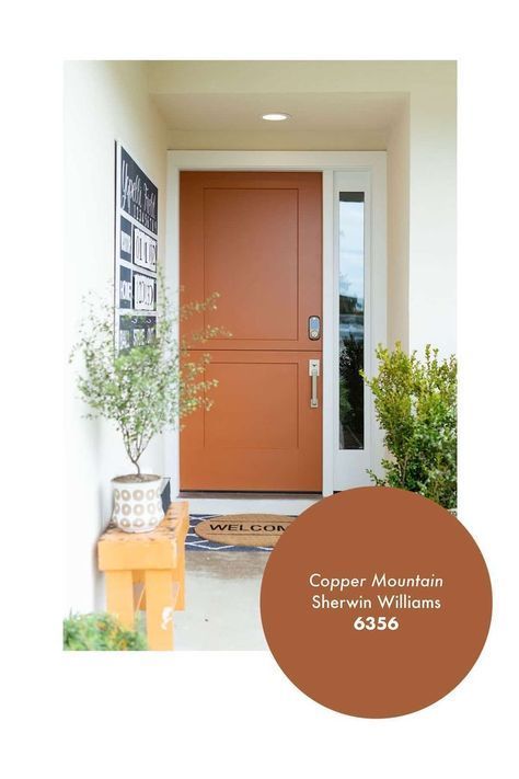 an orange front door with brown trim and potted plants