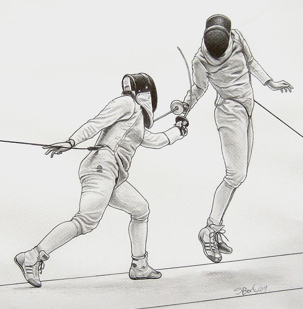 two people in fencing gear, one holding on to the other's hand as they compete